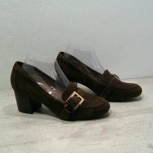 Retro 90's Inspired Brown Suede Block Heel Loafer Tortoise Gold Buckle Size 8 M